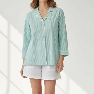 Lauren Ralph Lauren Pajama Top Women Small Stripe Monogram Button Sleepwear Blue